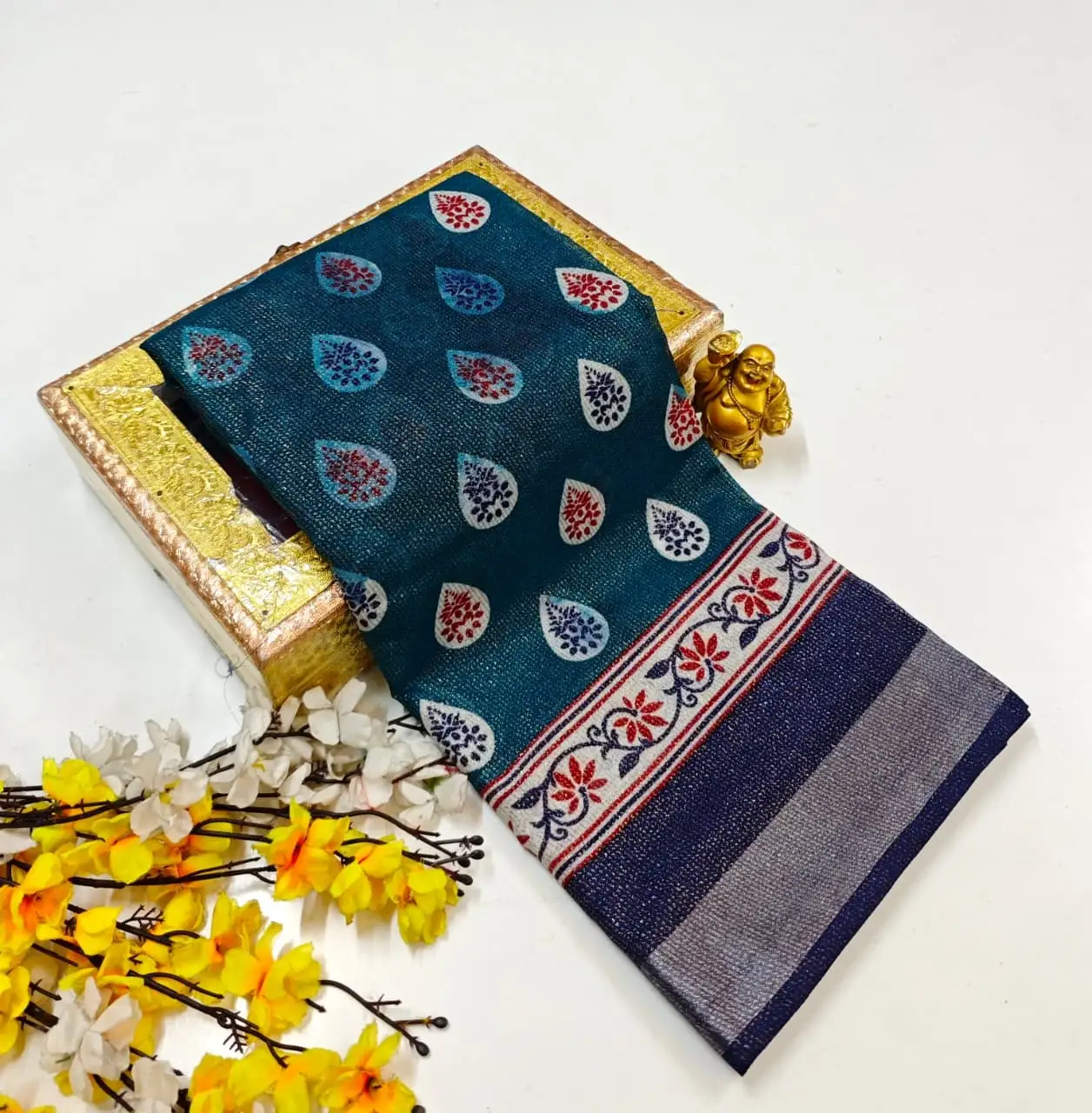 Paisley Floral Printed Linen Cotton Saree